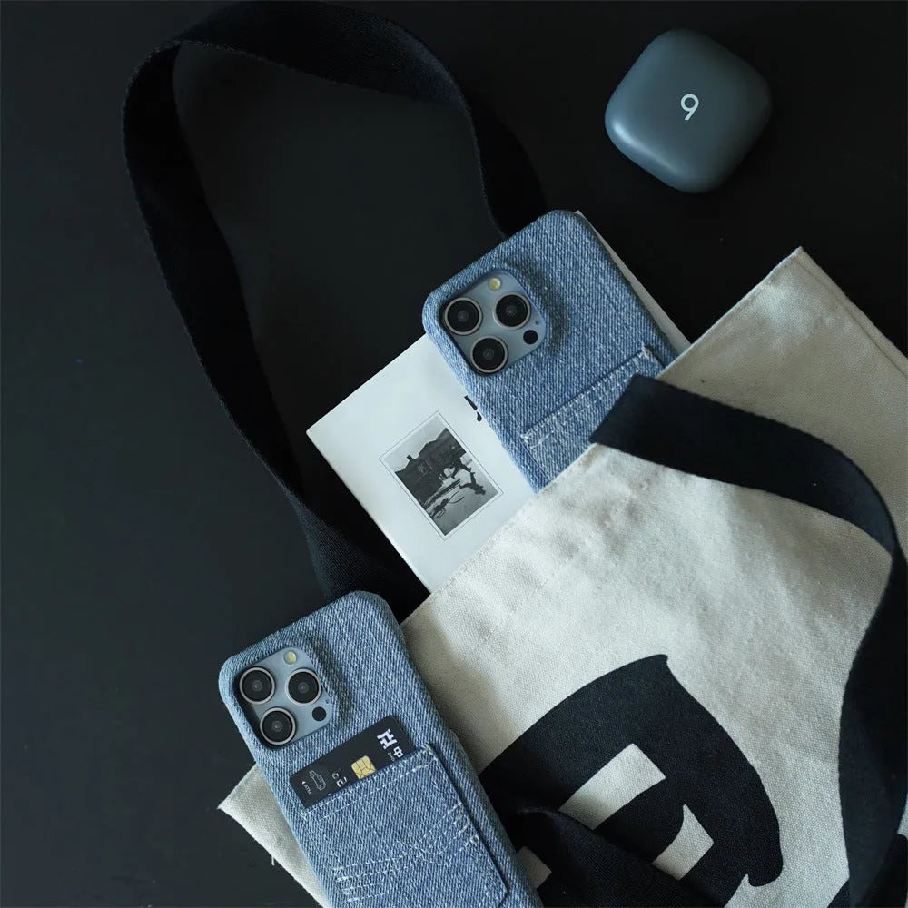 Denim card insert oil edge TPU phone case with magnetic suction for Apple iPhone models, back view showing card slot and rhinestone decoration.