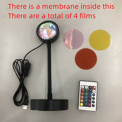 Adjustable sunset projection lamp with iron shell, 80x100x270mm, projecting 4 light modes on wall via USB 5V power