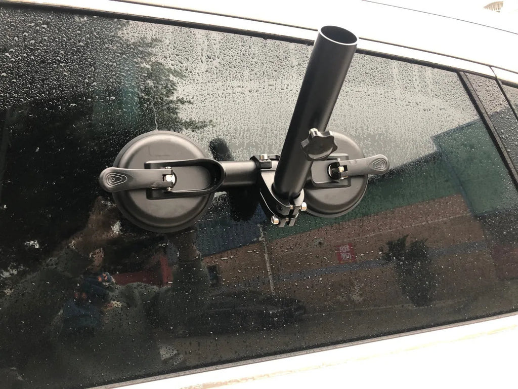 Black ABS plastic and rubber car window sucker base for mounting flagpoles to vehicle glass