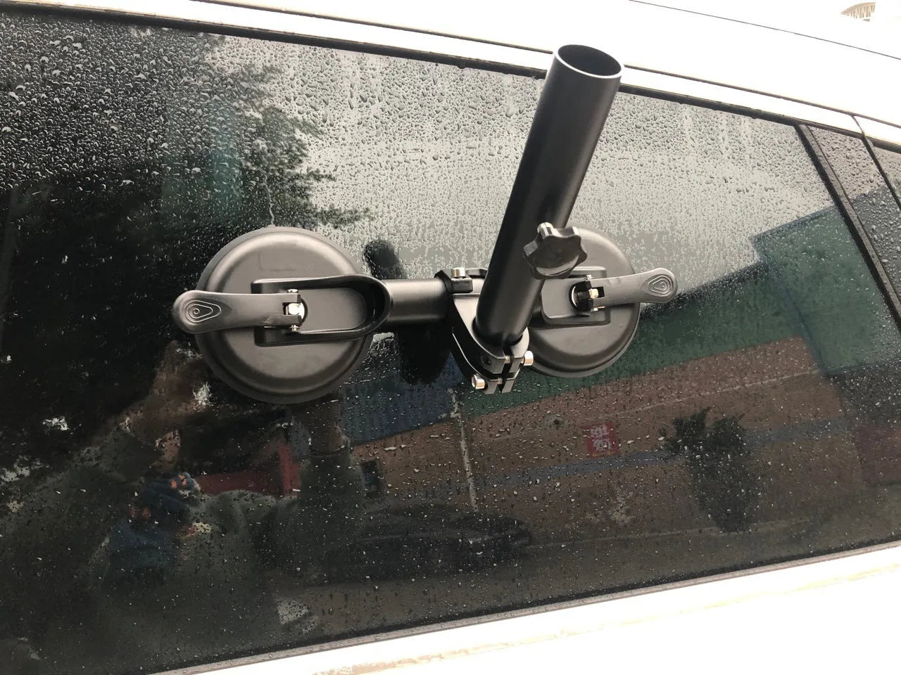 Black ABS plastic and rubber car window sucker base for mounting flagpoles to vehicle glass