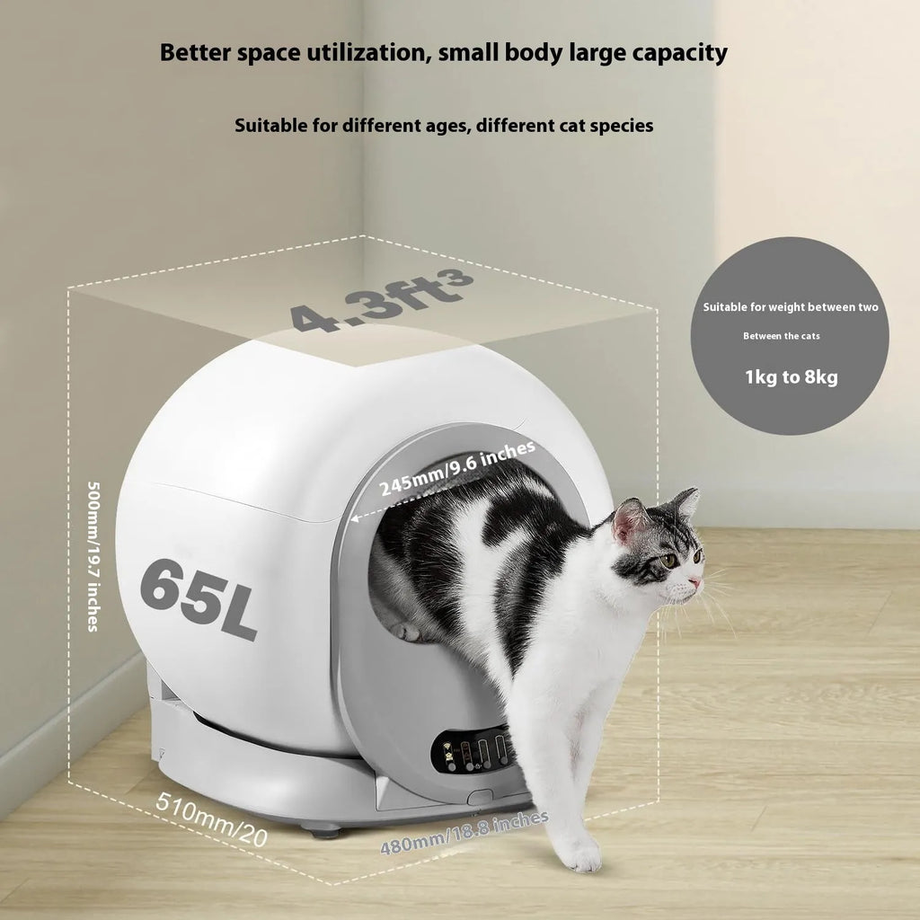 White automatic smart litter box with 9L dustbin and self-cleaning mechanism for cats