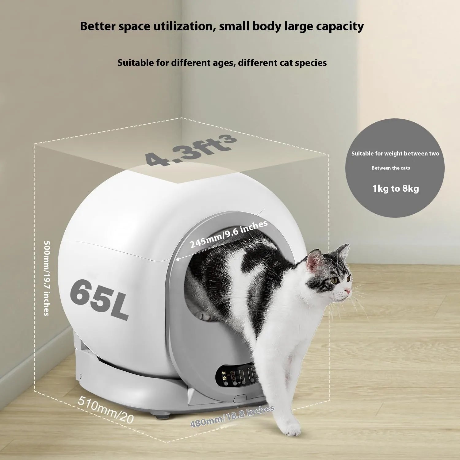 White automatic smart litter box with 9L dustbin and self-cleaning mechanism for cats