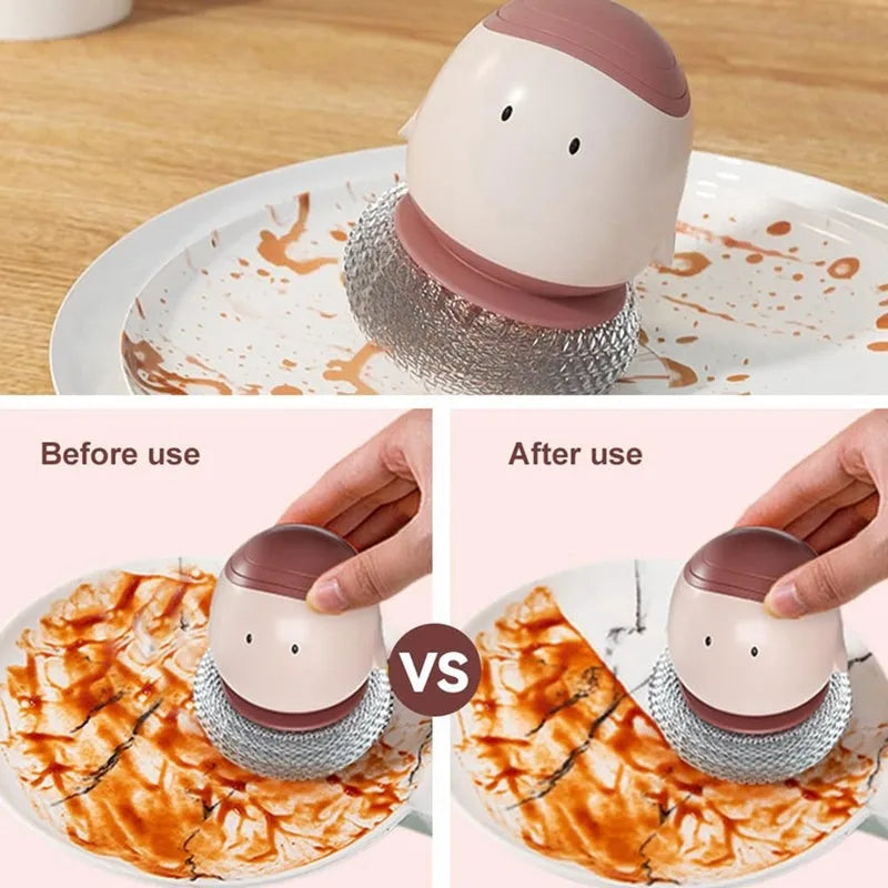 Automatic liquid filling dish brush in cute chicken shape with replaceable brush head in Bean Red