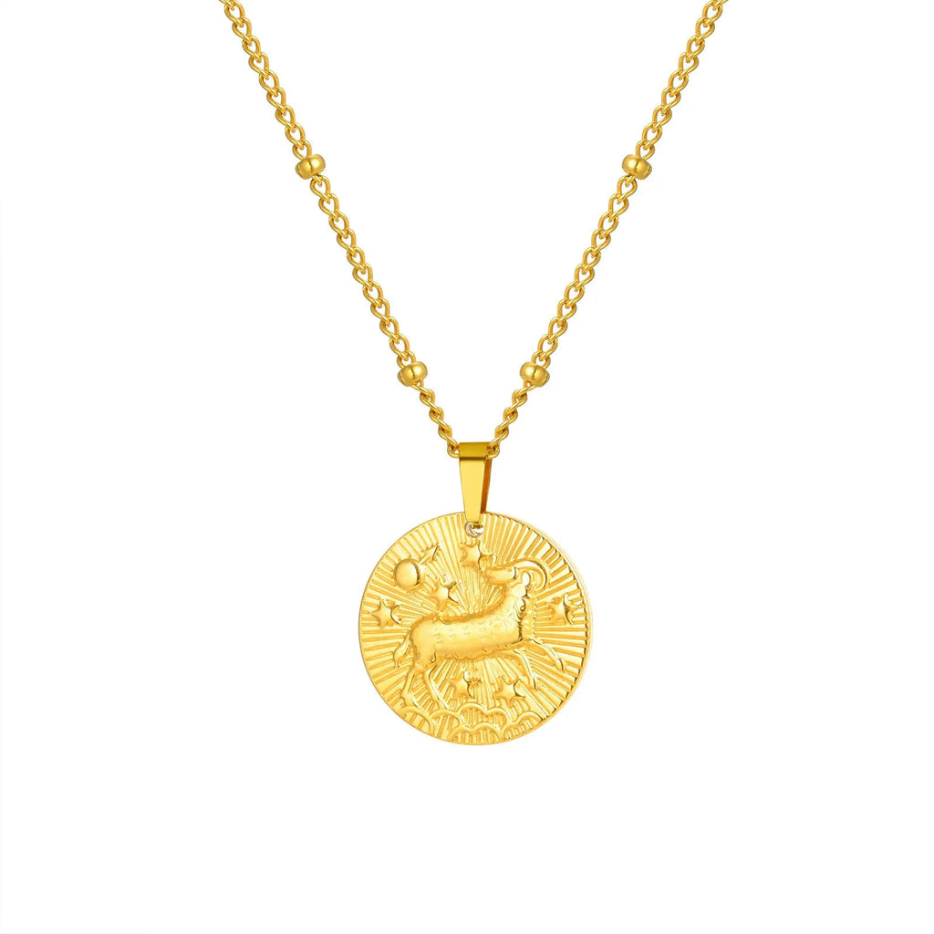Silver stainless steel zodiac necklace with geometric round pendant showing embossed constellation design