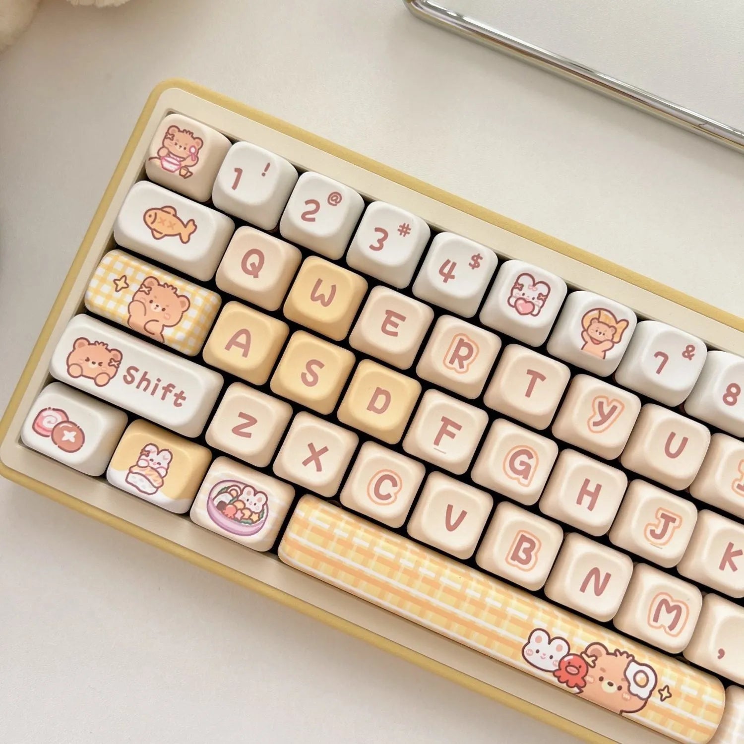 Rabbit Bear Restaurant themed PBT plastic keycap set with 140 pieces for mechanical keyboards, shown in EOA height profile.