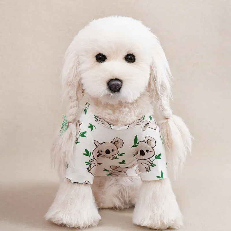 Full printed polyester casual t-shirt for small dogs in various colours with size chart showing bust and back length measurements