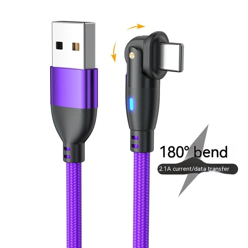 180-degree bendable fast charge data cable in black, red, and purple