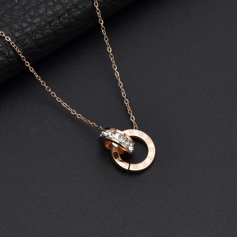Roman Numeral Diamond Titanium Steel Necklace for Women with rhinestone pendant