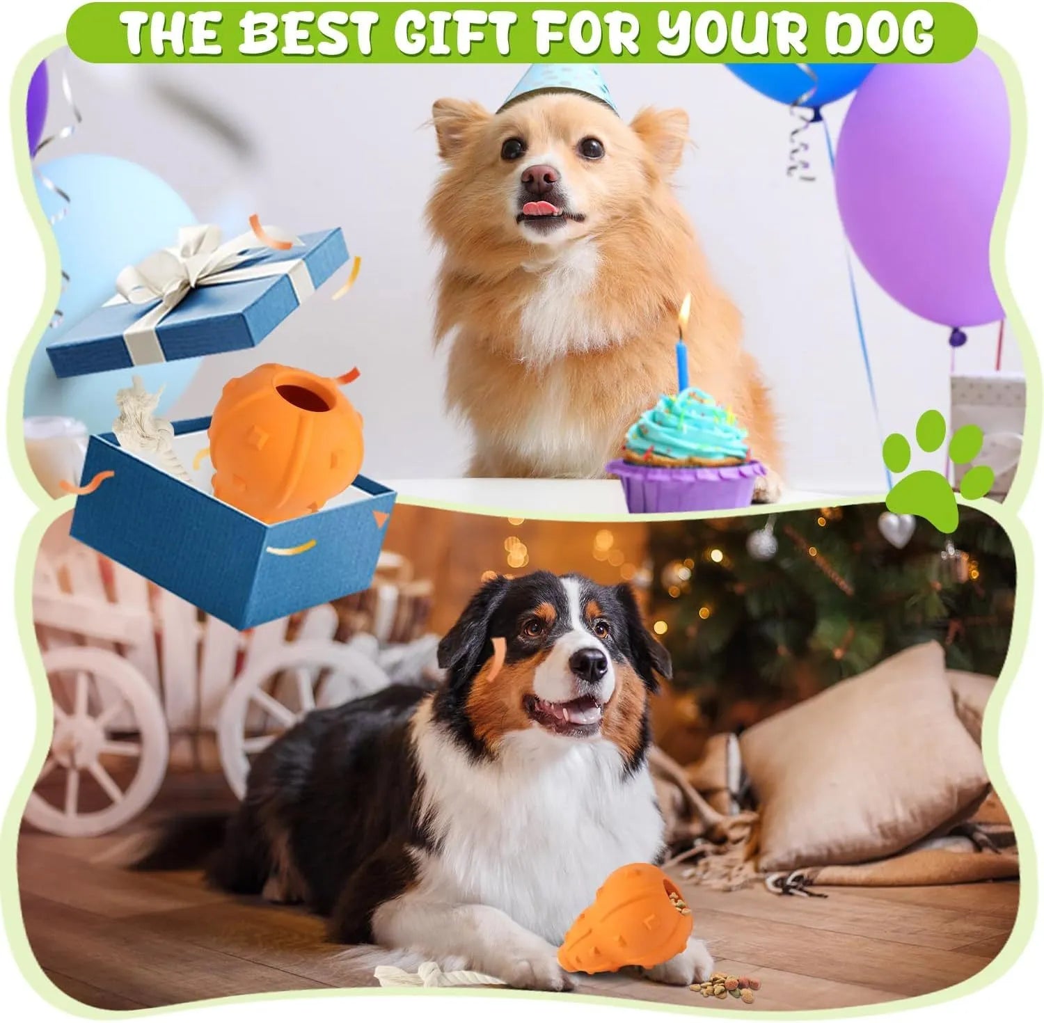 Natural rubber stuffable dog toy for small medium breeds with treat hole and long strap.