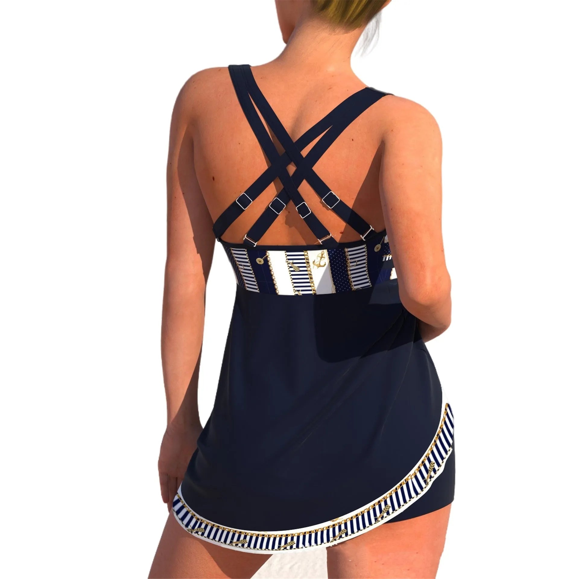 Plus size woman modelling a blue split skirt bikini swimsuit with backless design.