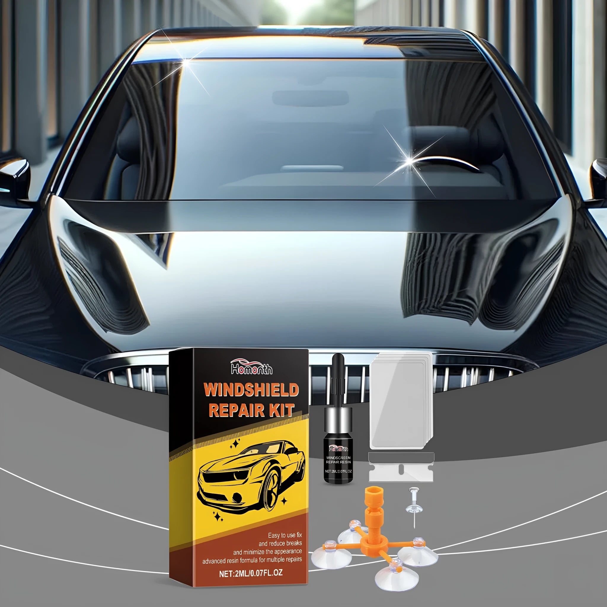 Windshield repair kit with 2ml repair fluid, bracket, blade, curing films, and teasing needle for car glass crack fix