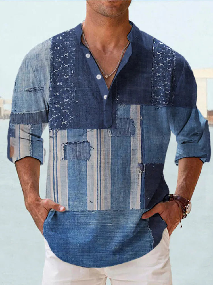 Long sleeve striped Hawaiian shirt in thin digital bamboo linen-look polyester, shown in lilac colour.