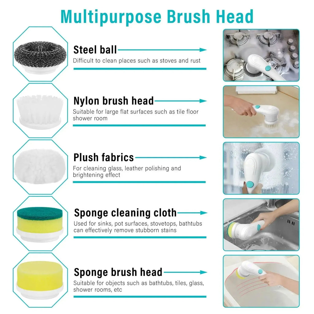White cordless electric cleaning brush with five brush heads including nylon, sponge, wire, scouring pad and plush cloth attachments