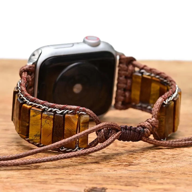 Rectangular tiger eye stone chain textile watch strap adjustable for 38-45mm watches