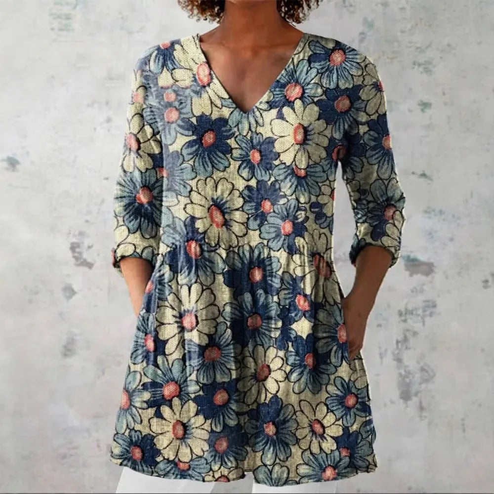 Women's slim-fit long-sleeve top with a retro digital print pattern in a colour style option.