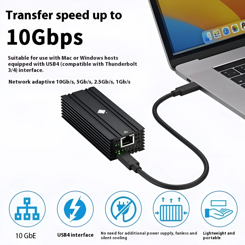 Black Leyu USB4 to 10 Gigabit Ethernet adapter with RJ45 port and short attached cable