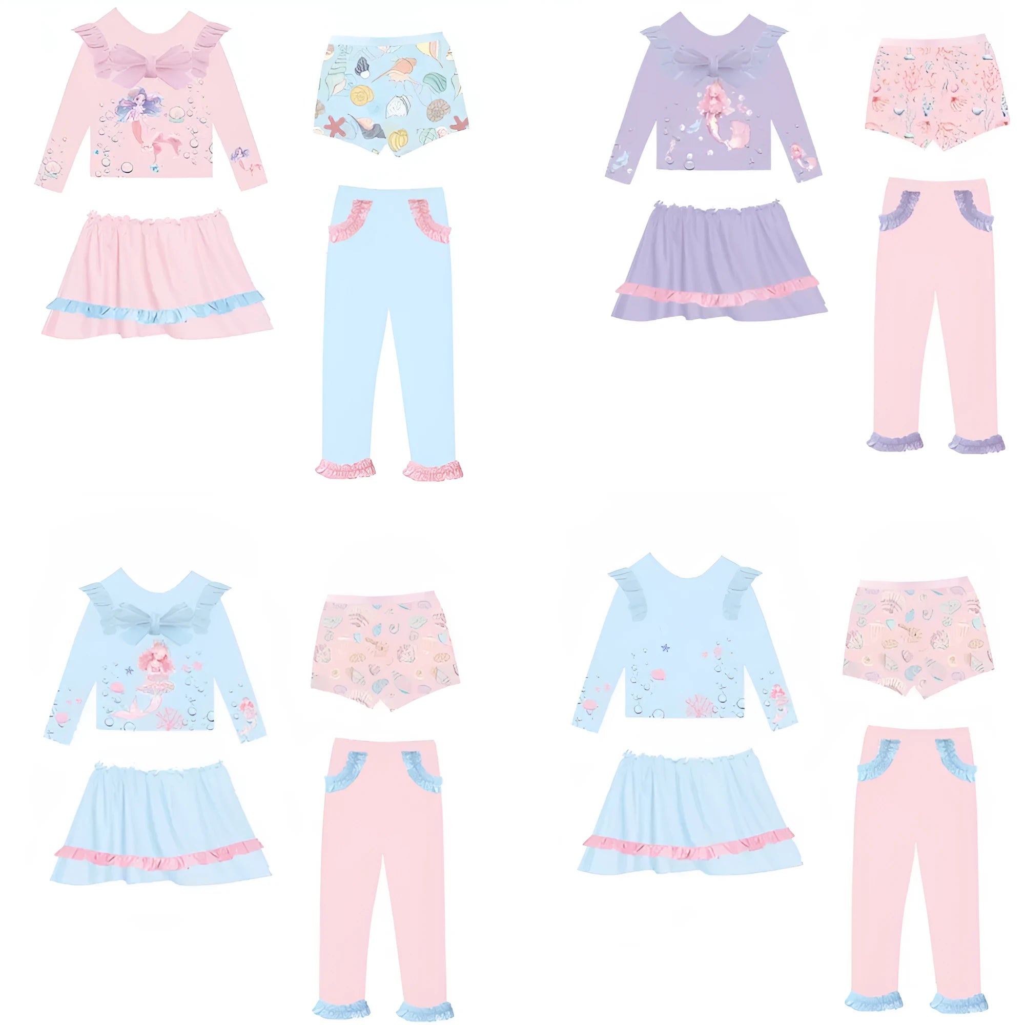 Girl's mermaid swimsuit set showing four pieces in gilded colours with sparkle accents