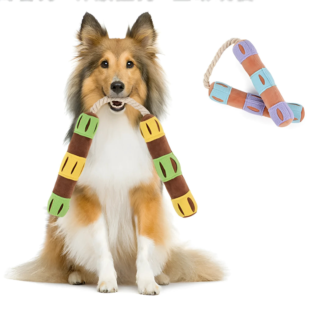 Purple and yellow plush dog snuffle mat used as a slow feeder and interactive puzzle toy