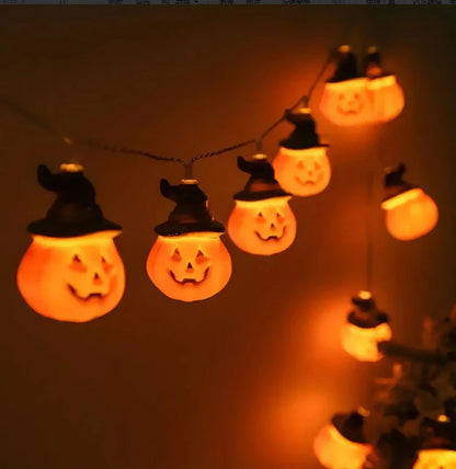 Battery-powered Halloween lighting chain with pumpkin, ghost, and bat-shaped LED lights