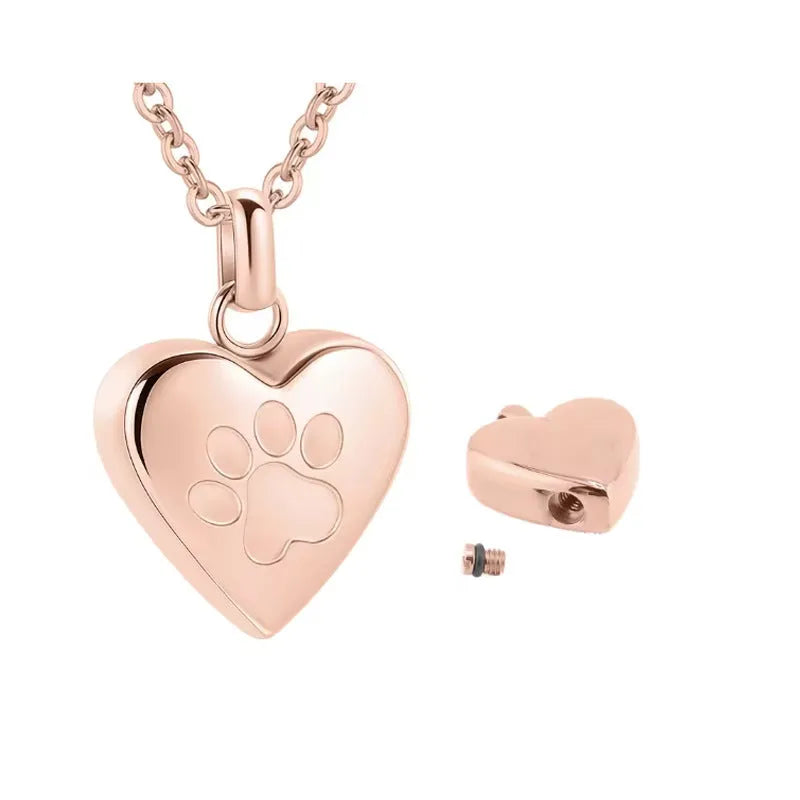 Openable heart-shaped titanium steel cinerary necklace on a chain with a paw print design.