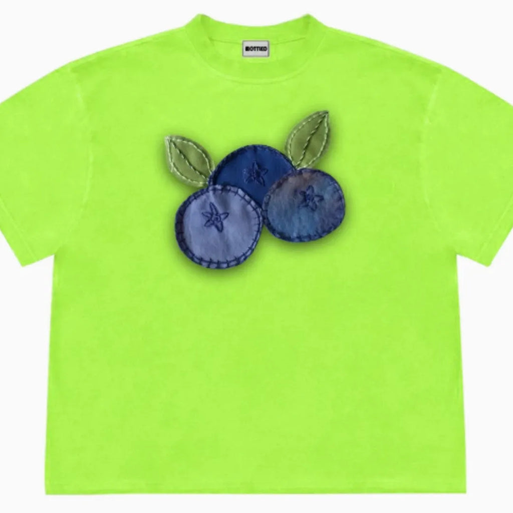Blueberry patchwork pattern cotton T-shirt with floral designs in loose fit casual style