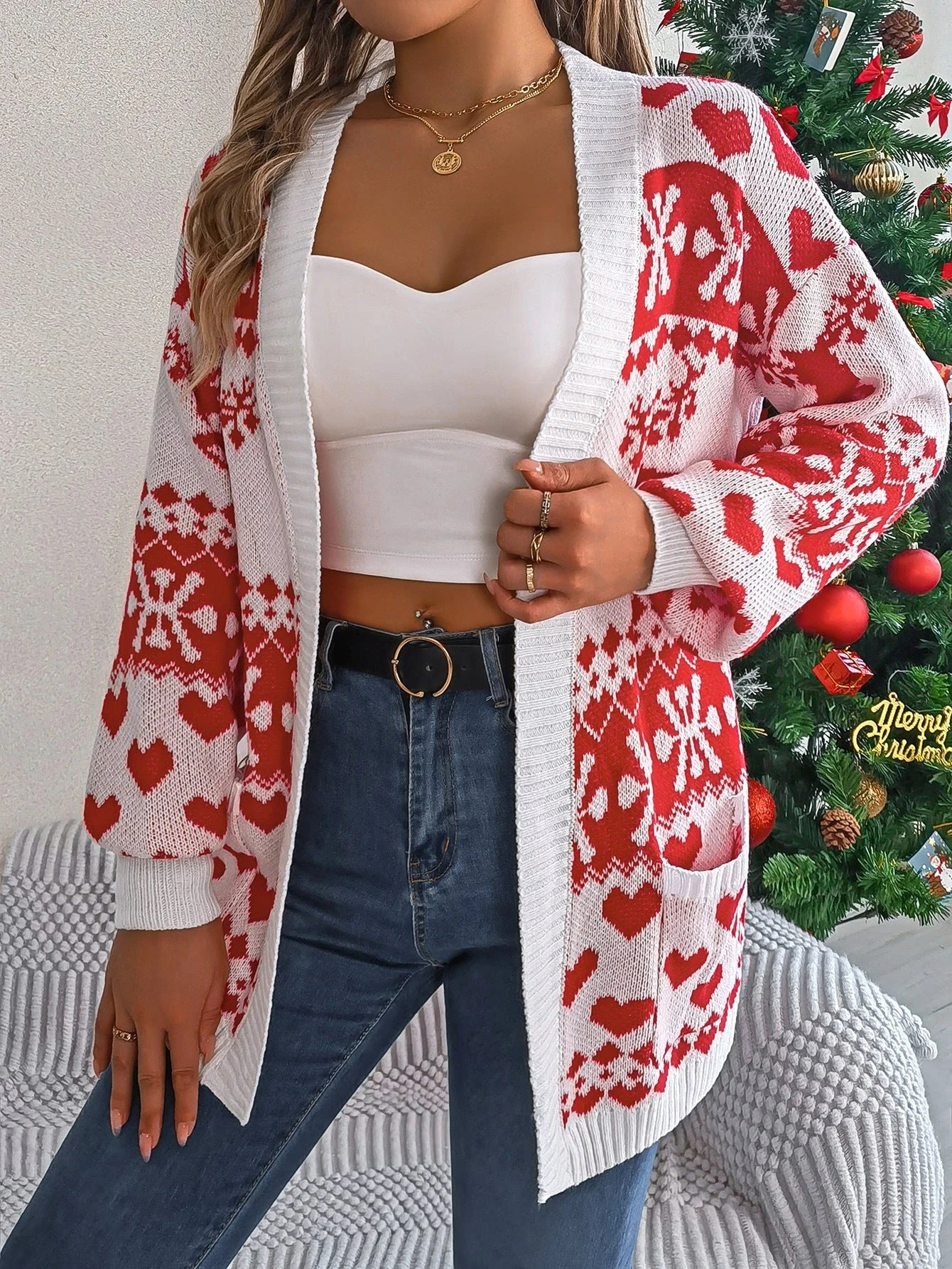 Cozy Christmas Sweater: Women's Oversized Deer Cardigan in Red, Green, and White colors