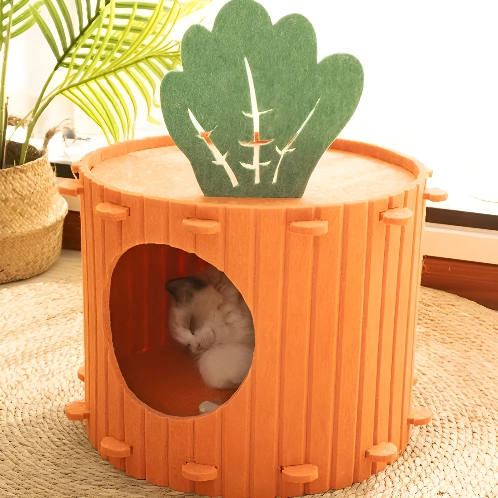 Carrot-shaped felt cat tunnel nest with semi-enclosed design and drilled pattern