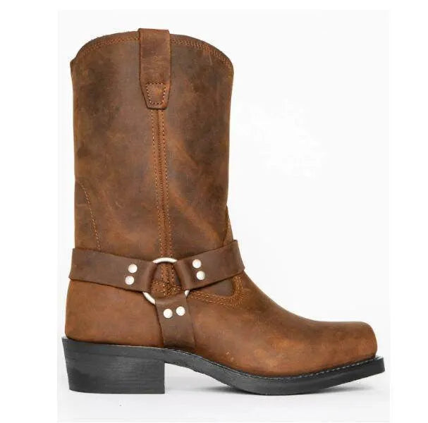 Men's high top cowboy boots with belt buckle ring accents in Western style