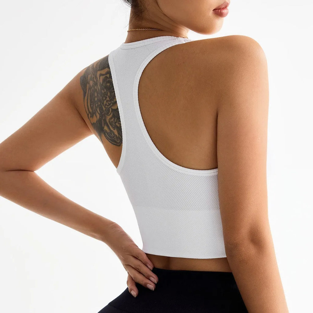 Black women's sports bra with cross back design for running and yoga