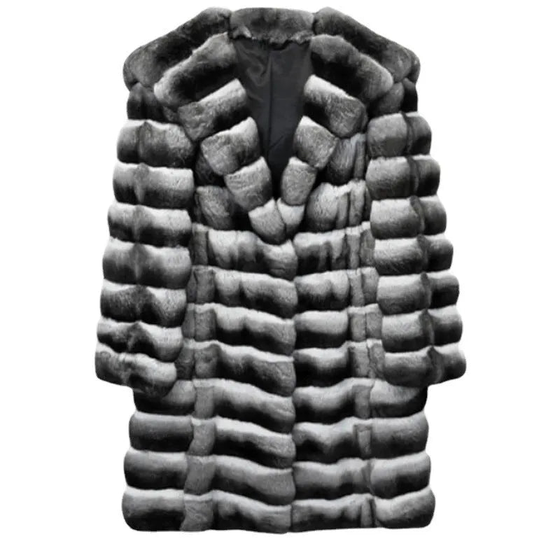 Women's zebra stripe artificial mink fur overcoat, mid-length design with regular sleeves