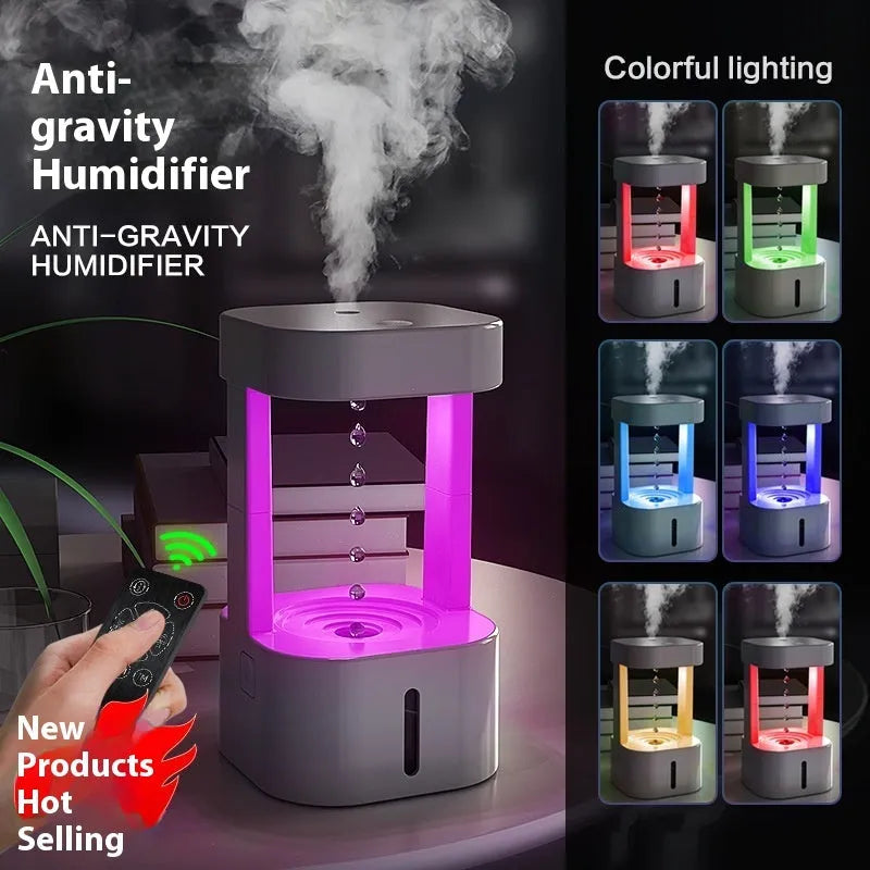 White anti-gravity water drop humidifier with coloured lights and USB cable