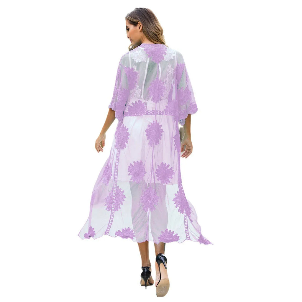 Light purple beach dress with lace embroidery detail, cardigan blouse style swim cover-up