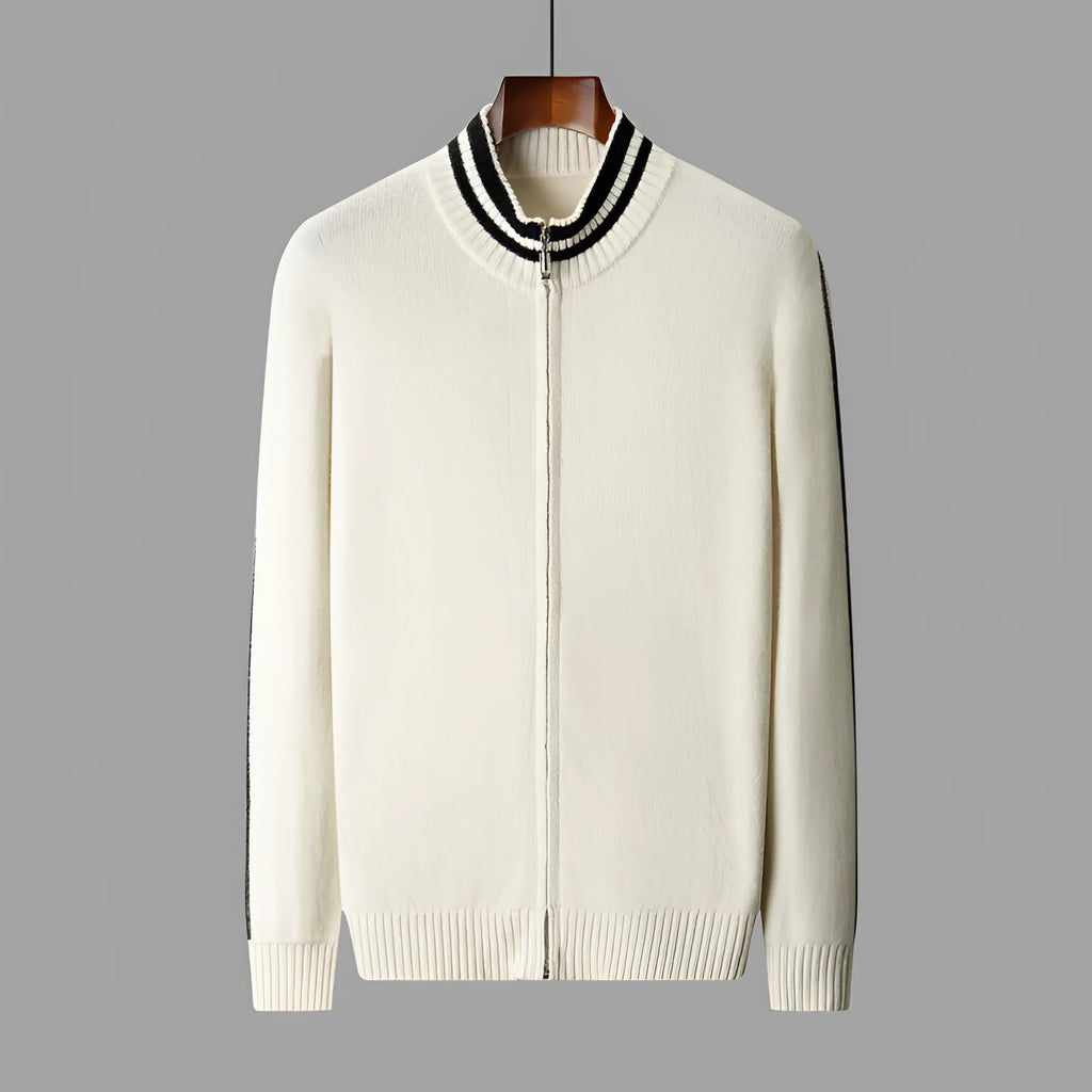 Men's half-high collar knitted striped cardigan in white and black, loose fit with Korean style, sizes S to 3XL