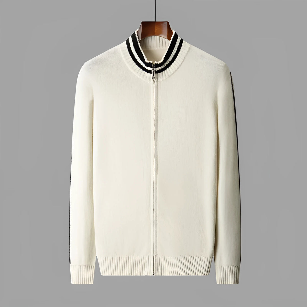 Men's half-high collar knitted striped cardigan in white and black, loose fit with Korean style, sizes S to 3XL