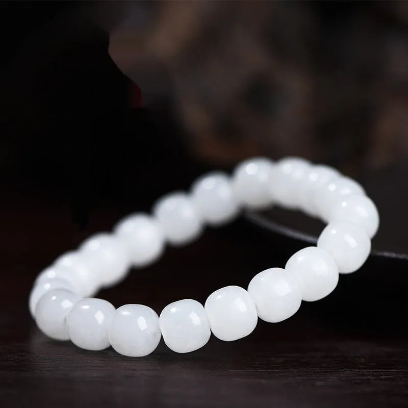 White jade barrel bead bracelet with traditional Hetian jade beads in three size options