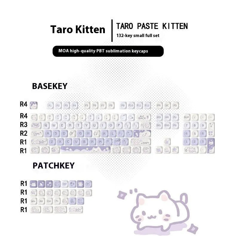 Sublimation PBT key cap set for Wooting keyboards in Taro Kitten Moa colour with matching adapter shaft