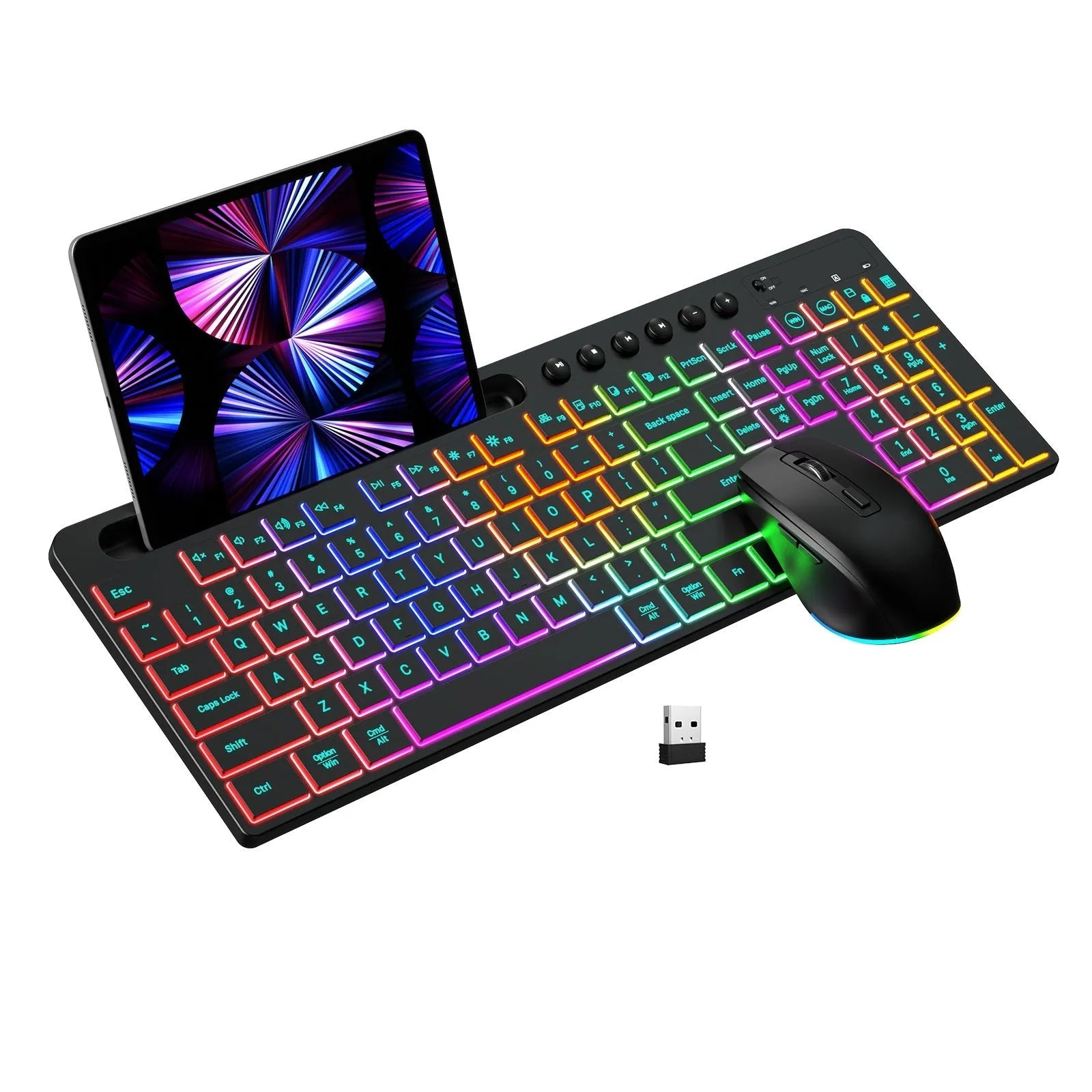 Black wireless keyboard and mouse set with luminous keys and integrated card slot for office use
