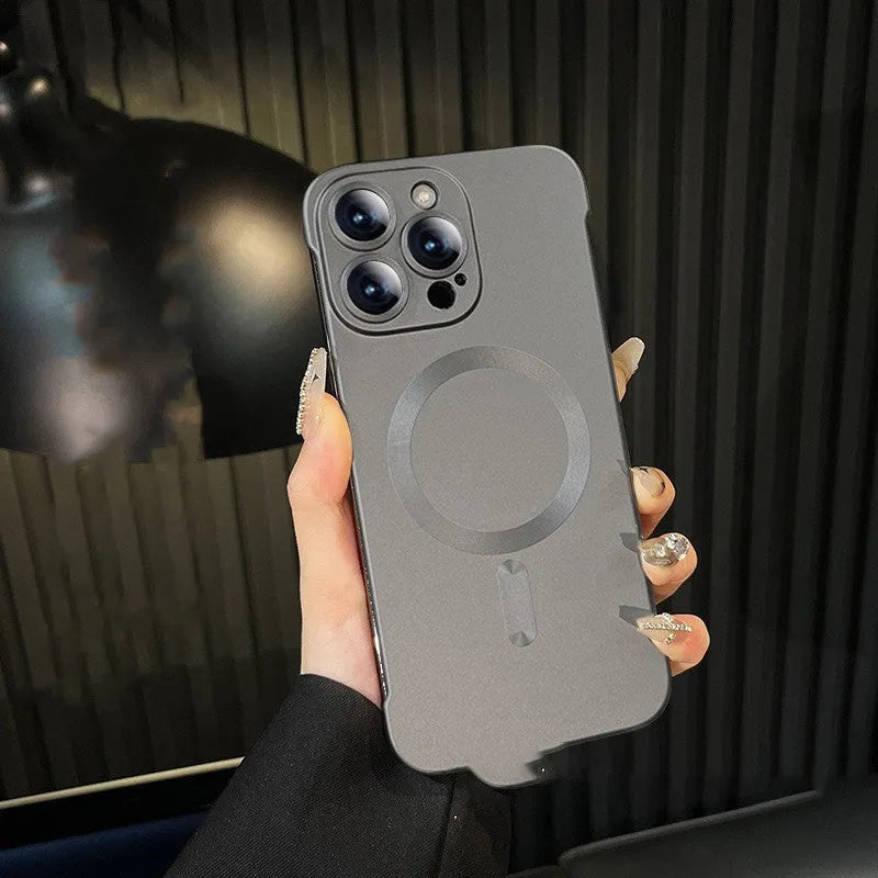 Ultra-thin frameless magnetic phone case for iPhone 15 series in frosted PC, black colour