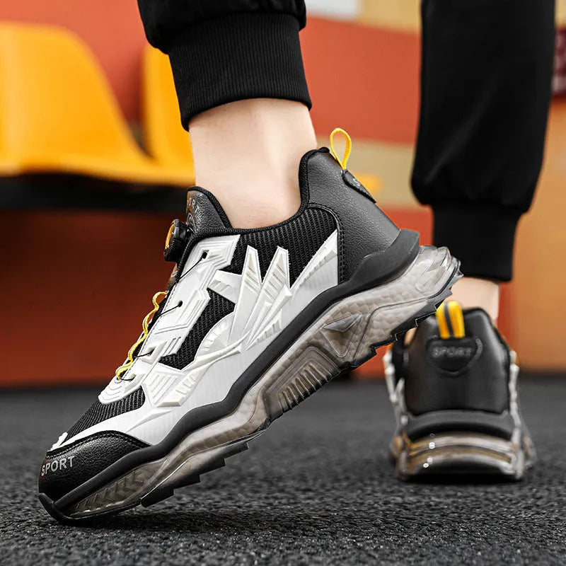 Men's black casual dad shoes with rotating button fastening and mesh upper
