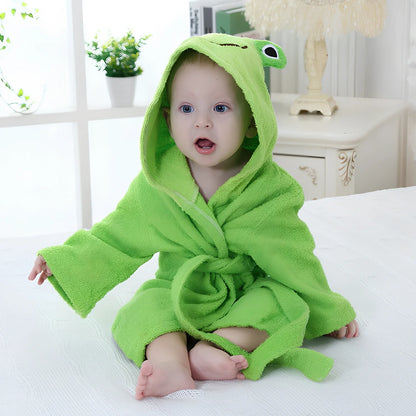 Cotton baby bathrobe with animal hood showing panda design, belt fastening, and absorbent fabric