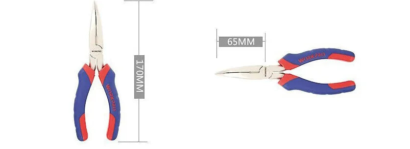 Curved nose pliers with blue double-colour rubber-sleeved handles for precision electronic work