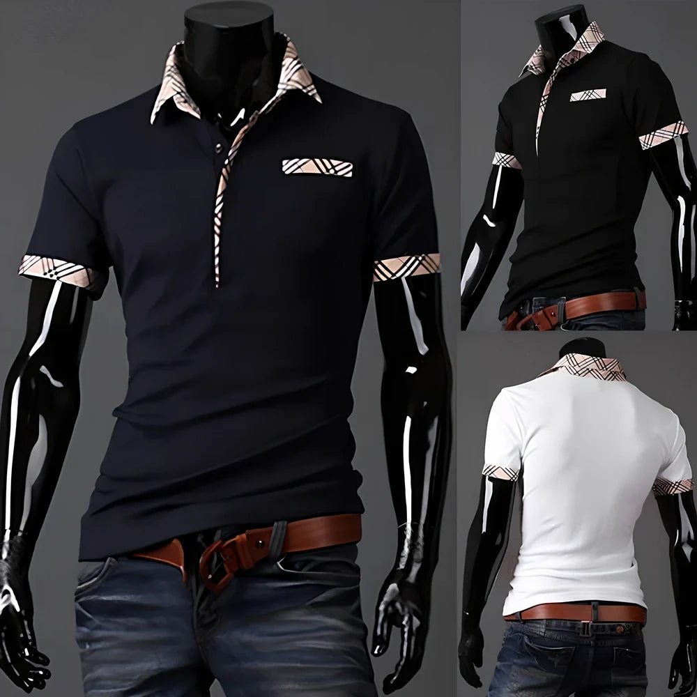 Breathable plaid Summer Polo T-shirt in black, navy or white, short sleeves 20-23cm, sizes M-XXL for hot weather comfort