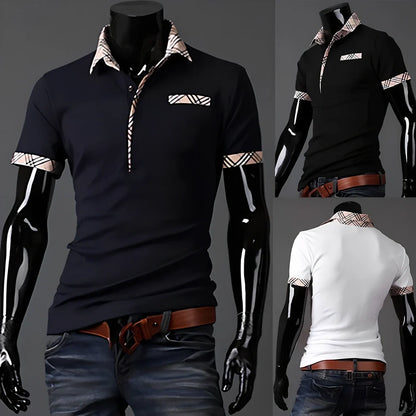 Breathable plaid Summer Polo T-shirt in black, navy or white, short sleeves 20-23cm, sizes M-XXL for hot weather comfort