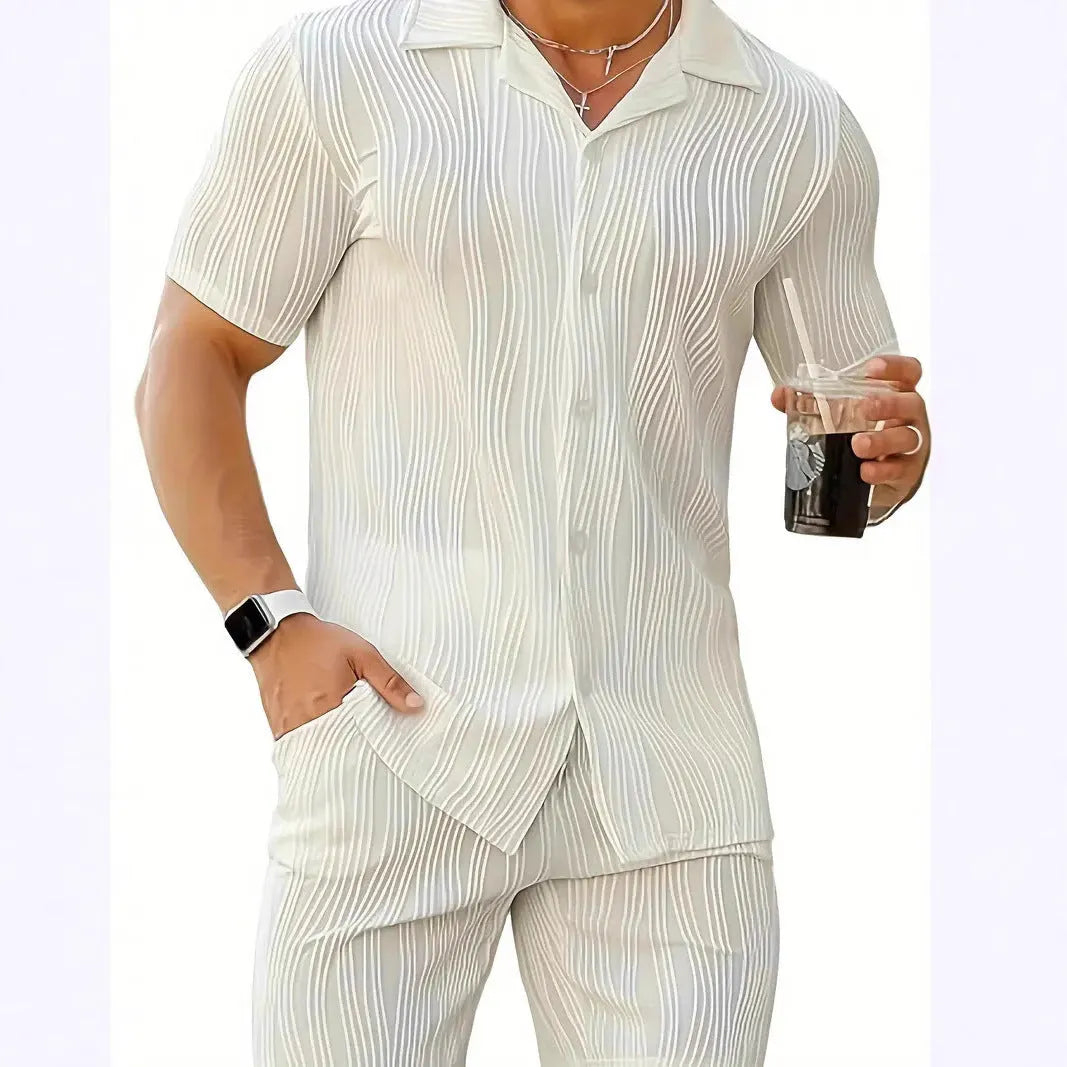 Men's black short sleeve shorts suit with wave pattern texture on cotton blend fabric.