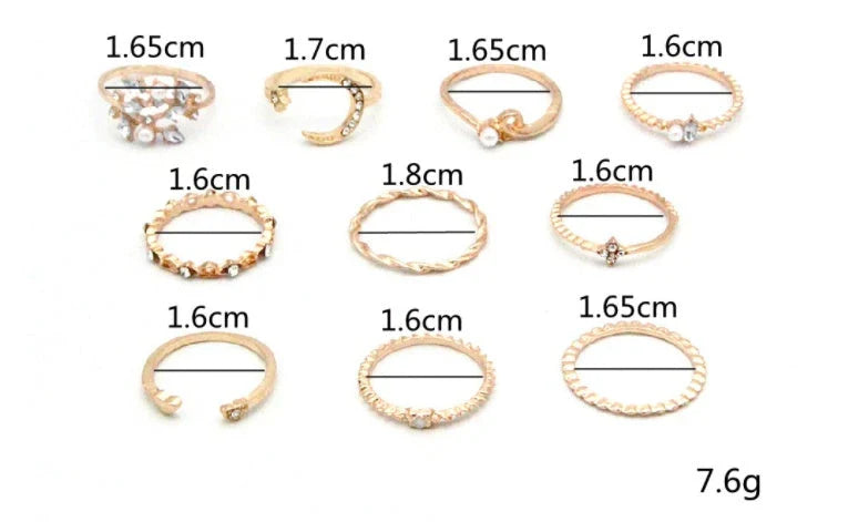 Bohemian Fashion Star Moon Love Pearl Leaf 10-Piece Ring Set in gold