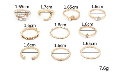 Bohemian Fashion Star Moon Love Pearl Leaf 10-Piece Ring Set in gold