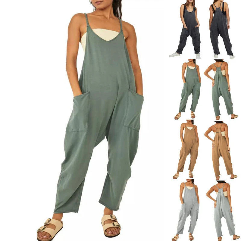 Sleeveless jumpsuit for women in various colors, featuring zippered closure and pockets