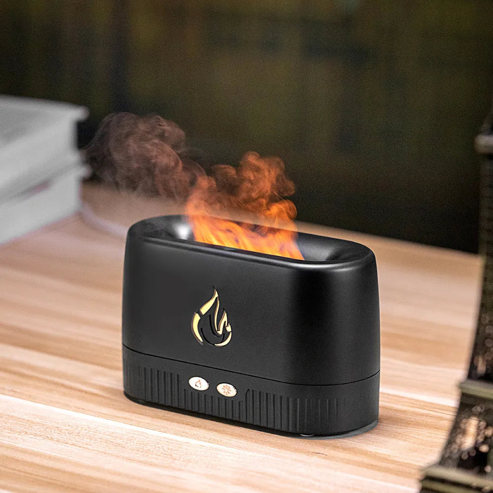Simulated flame aromatherapy humidifier in Black with 200ml tank, ABS construction, and USB power