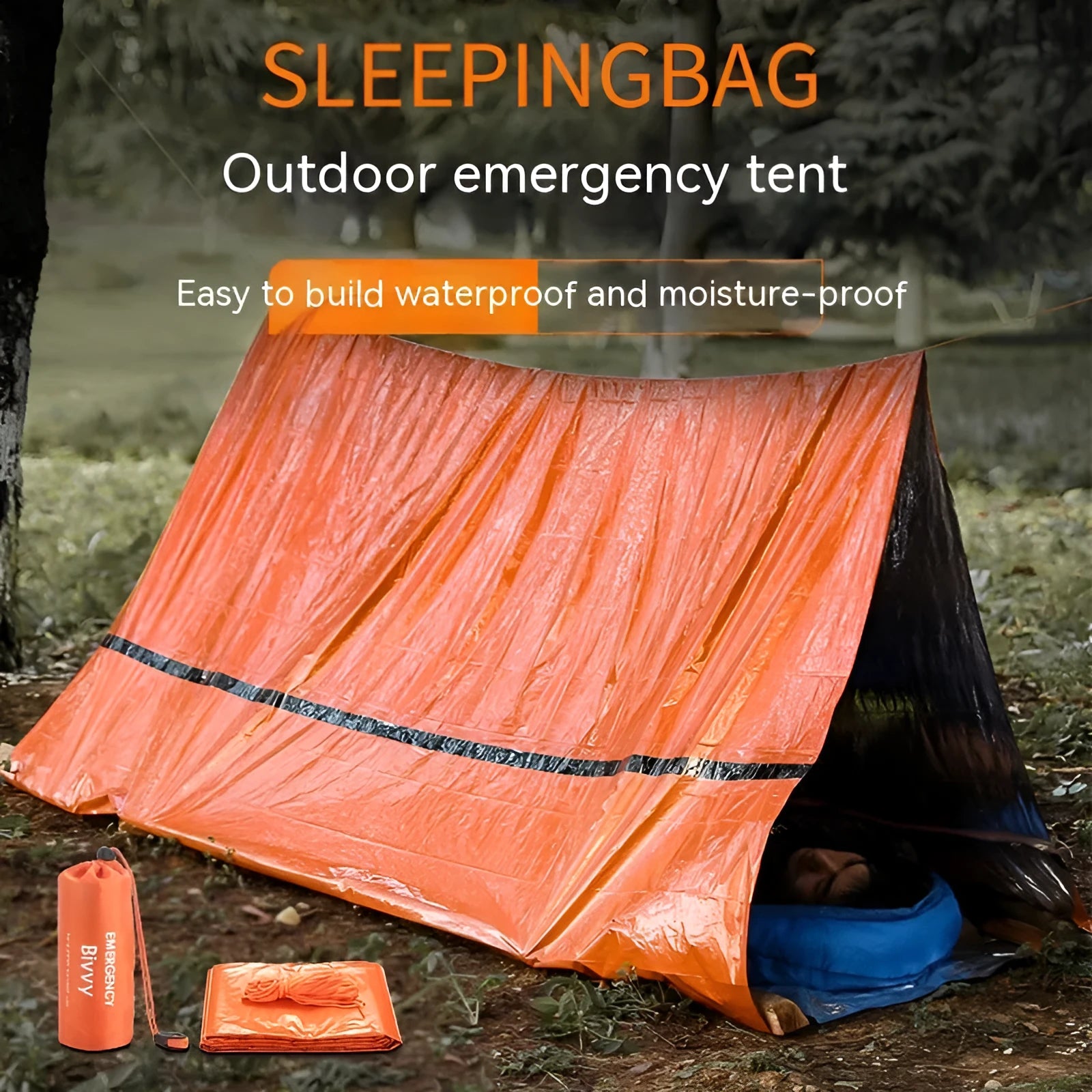 Emergency disaster relief tent kit with orange tent, sleeping bag, raincoat and safety whistle