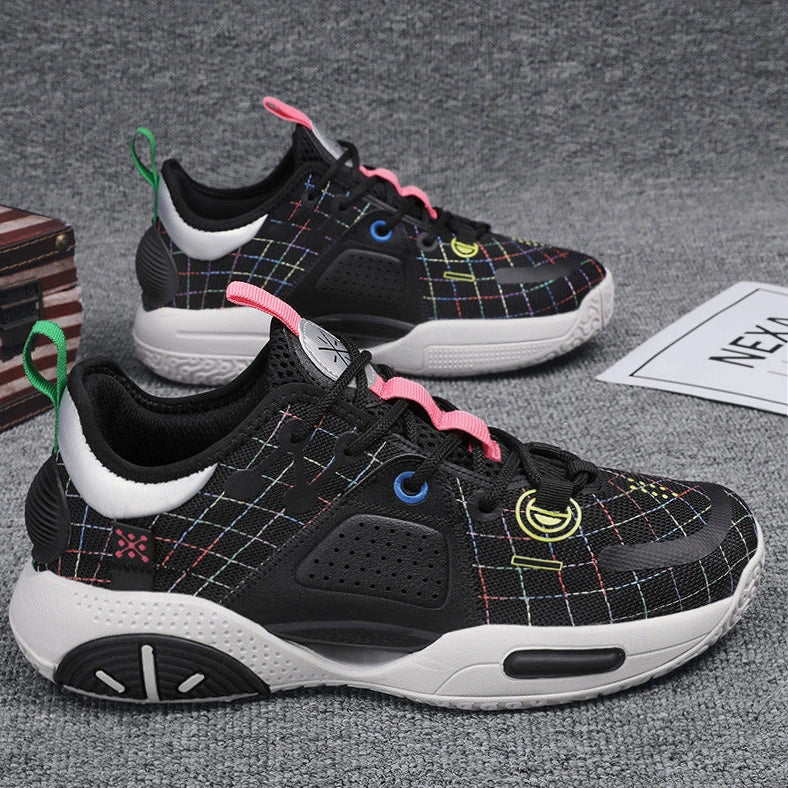 Cotton candy coloured basketball shoes with lace-up closure and rubber soles